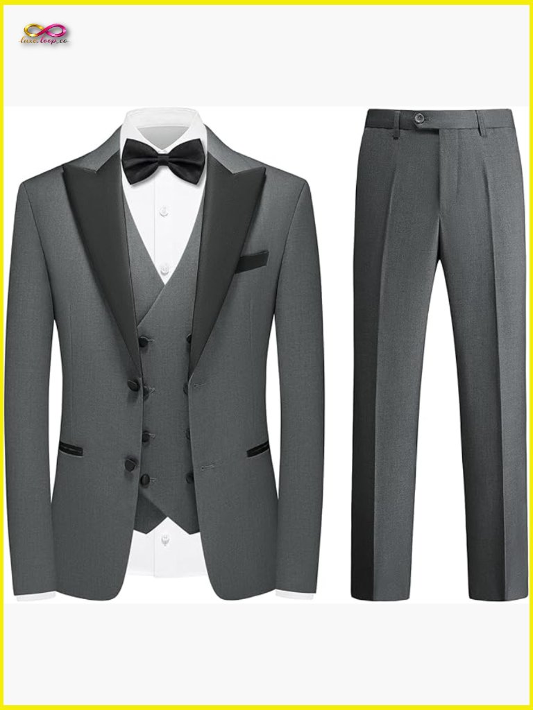 Classic Peak Lapel Blazer Slim Fit Tuxedo Formal Three Piece Suit Set